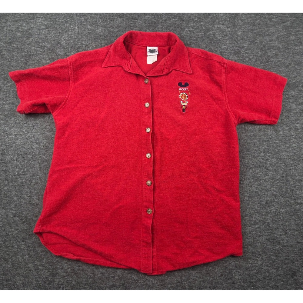 Disney Catalog Shirt Womens L Red Mickey Mouse French Terry Button Down vtg